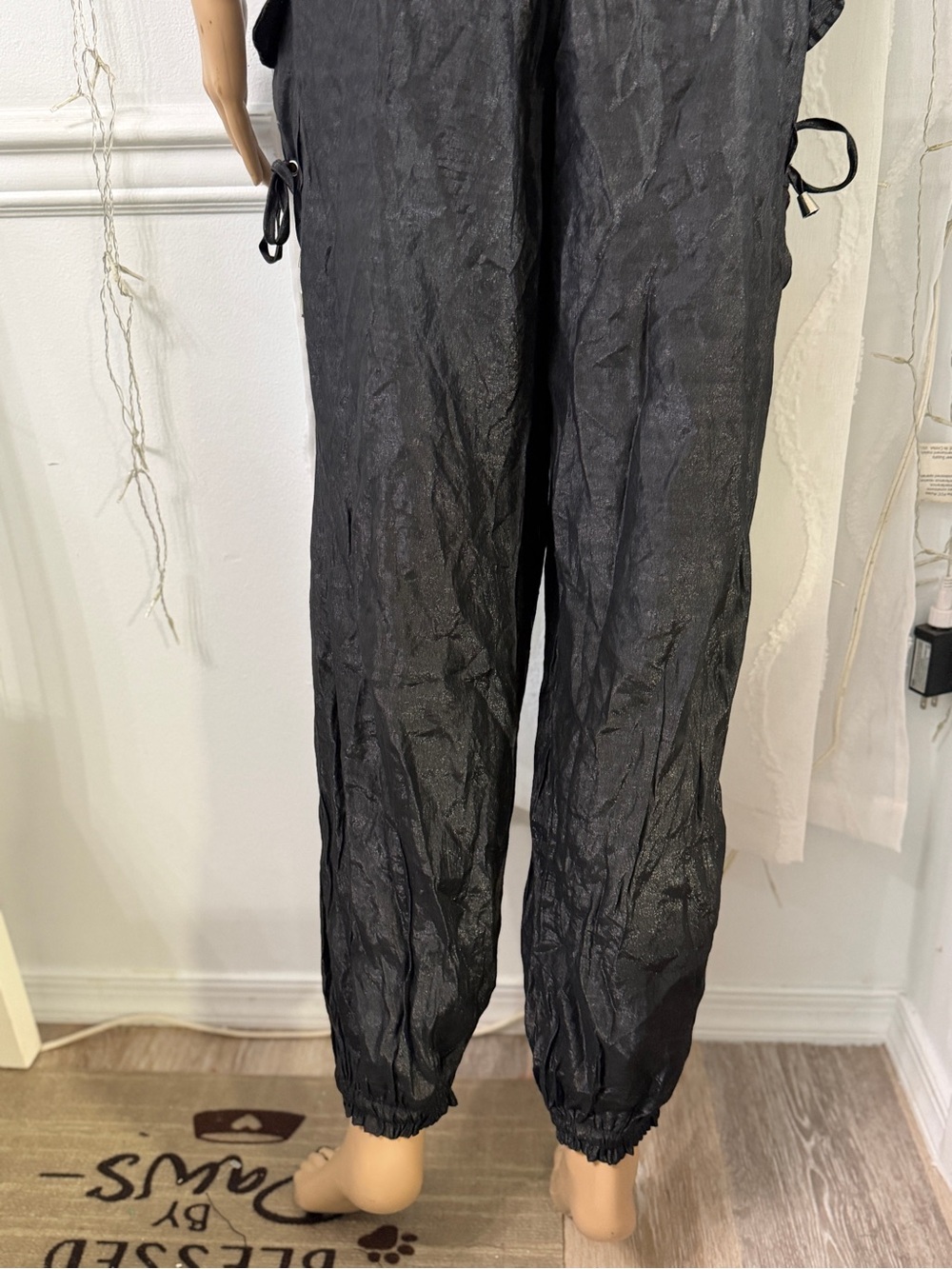 Black Jumpsuit Romper with Tie Waist - Picture 6 of 11